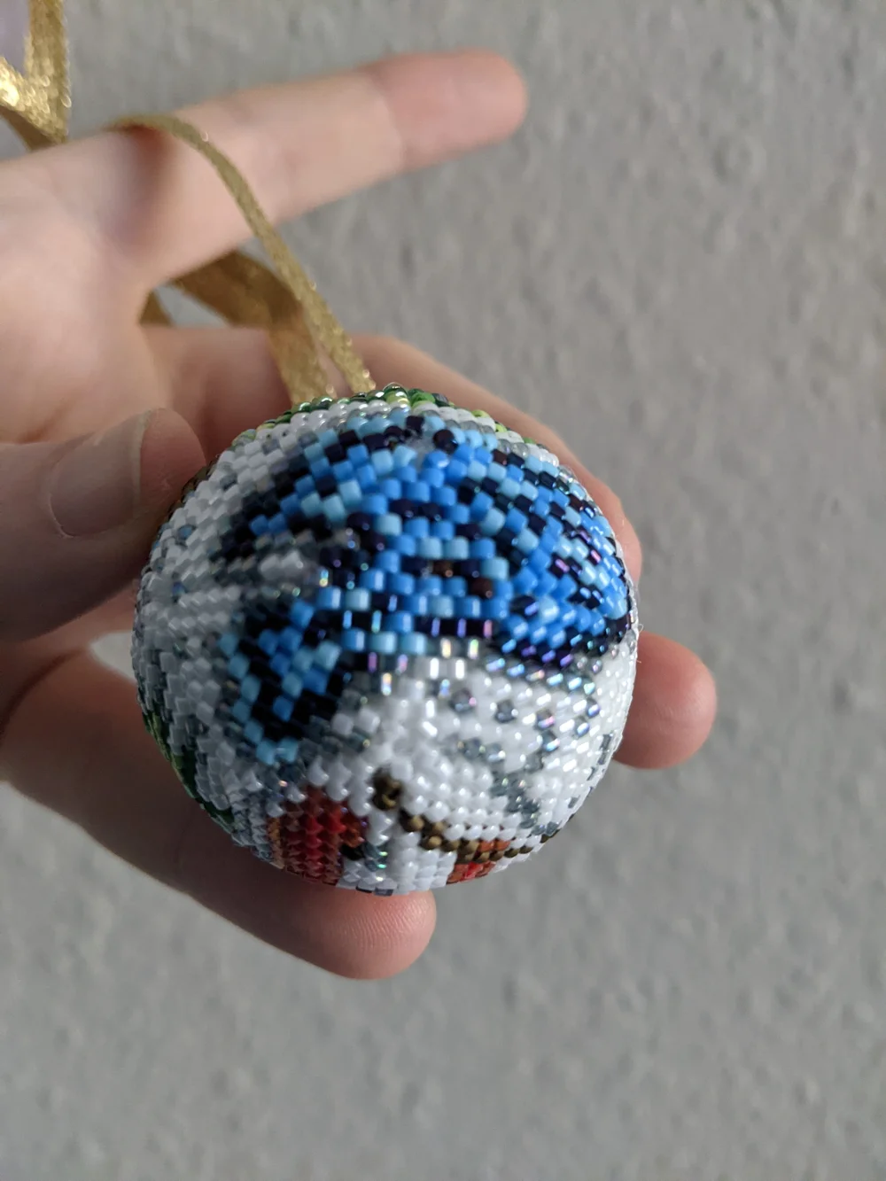 Handcrafted Beaded Snowman Ornament - Blue, Green, Red